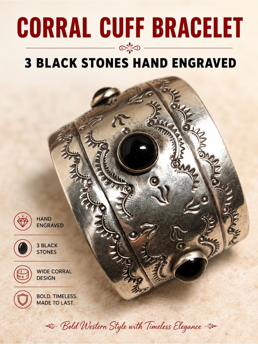 Corral Cuff Silver and Black Stones Bracelet with Intricate Designs
